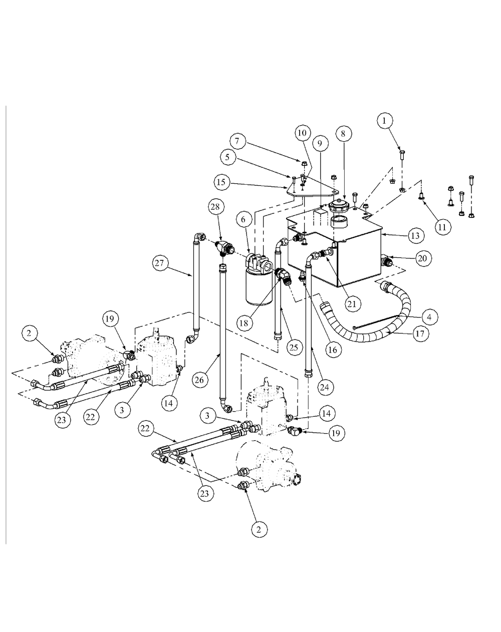 Hydro Tank And Hose Assembly Diagram and Parts List for M60-KW ROPS-53AH5D8X750-25HP Cub Cadet Lawn Tractor